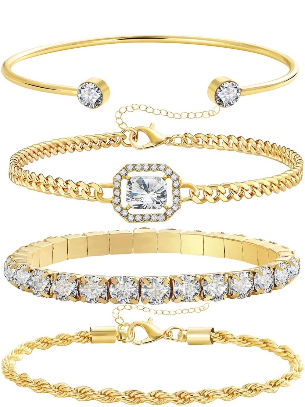 Crystal Accented Silver Bracelet Stack - Women's Layered Set - Picture 3 of 6